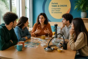 Jeunes adultes échangeant avec une intervenante sur la prévention des addictions au tabac et à la chicha dans un établissement scolaire