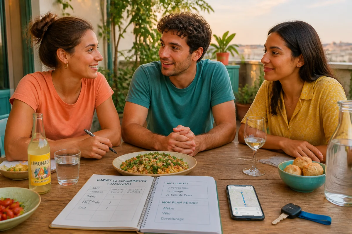 Prévention des addictions chez les jeunes autour d’une table, échanges responsables, boissons variées et préparation d’un retour sécurisé