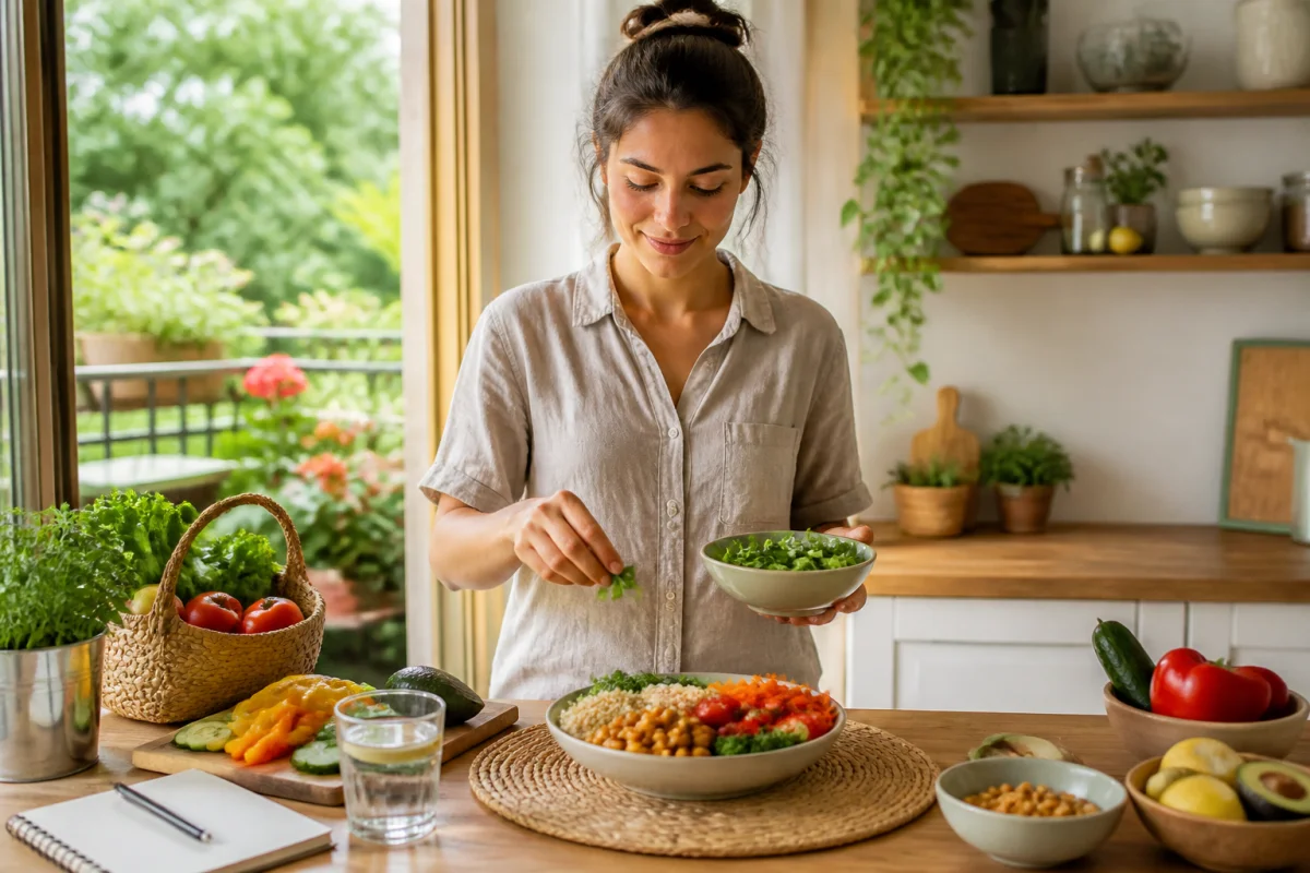 Prévention Burnout 74 : adulte serein préparant un repas équilibré dans une cuisine lumineuse et végétalisée