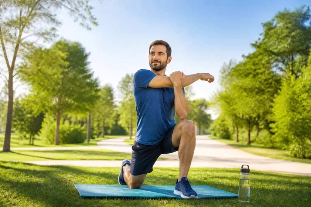 Prévention Burnout 74 : personne faisant des étirements doux dans un parc verdoyant, illustrant l’équilibre quotidien.