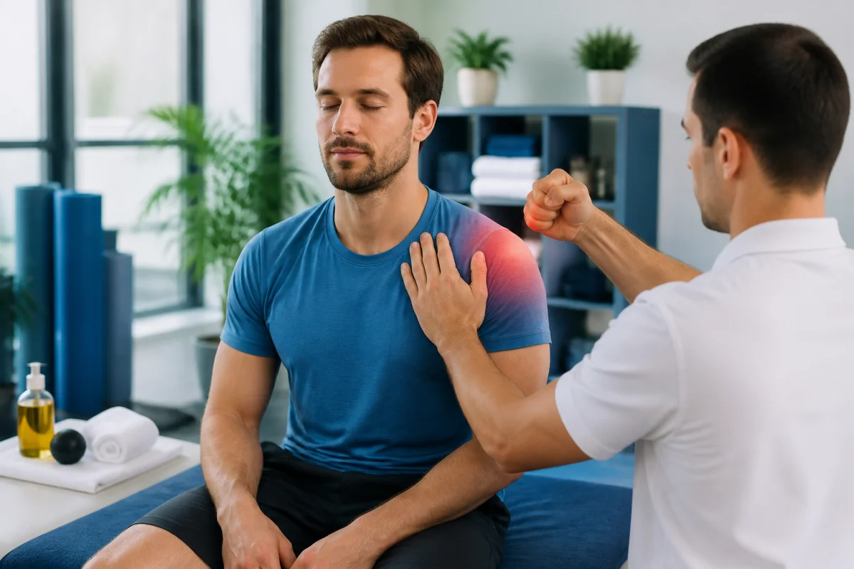 Récupération après effort sportif avec massage doux et pression excessive symbolique dans une salle de sport lumineuse