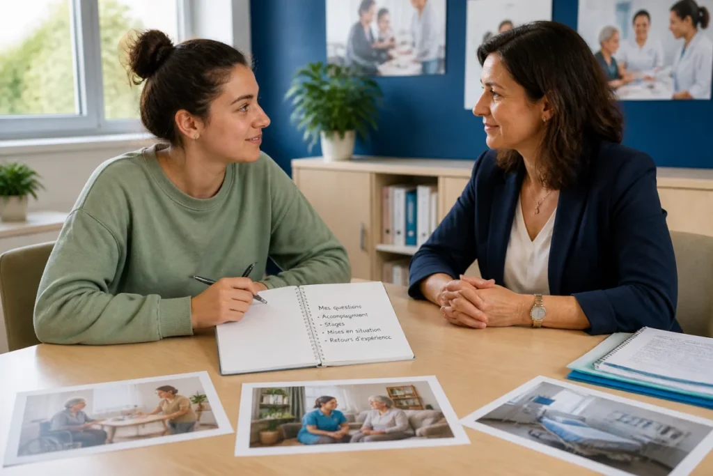 Future auxiliaire de santé échangeant avec une conseillère pédagogique sur sa formation, autour d’un carnet de questions ouvertes
