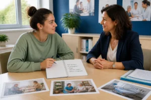 Future auxiliaire de santé échangeant avec une conseillère pédagogique sur sa formation, autour d’un carnet de questions ouvertes