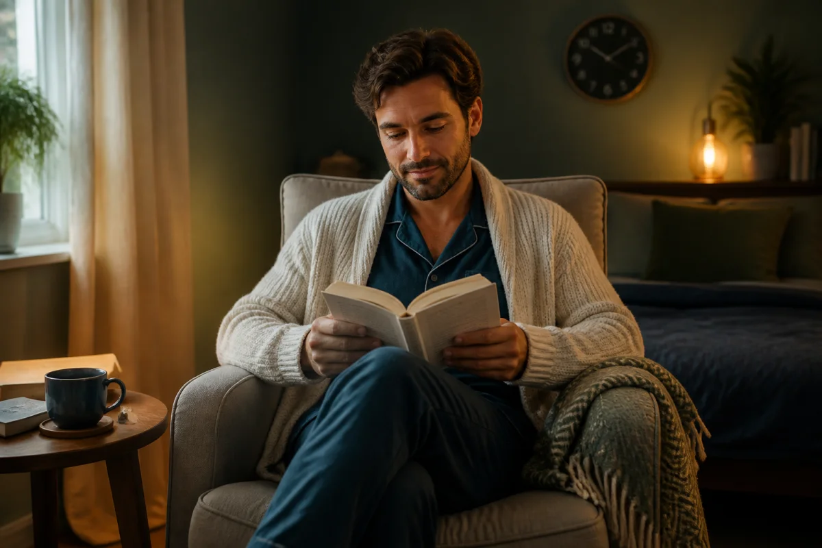 Adulte serein lisant un livre avant le coucher, favorisant le sommeil et la récupération nocturne dans une chambre apaisante.