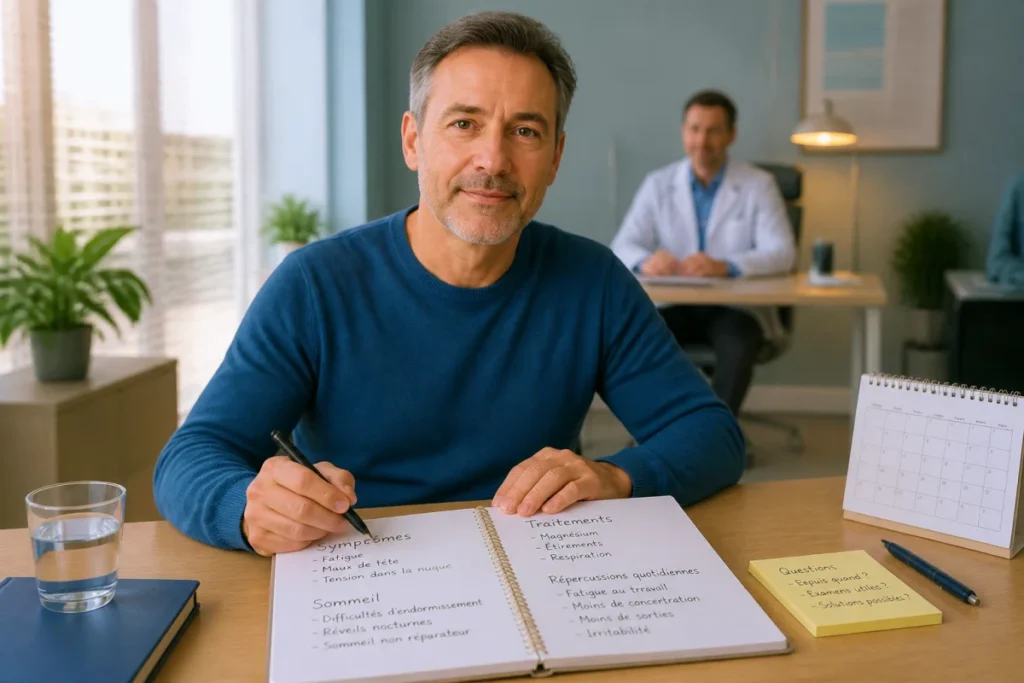 Adulte préparant une consultation sur les signes d’épuisement psychique avec un carnet de symptômes et répercussions quotidiennes
