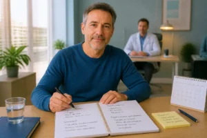 Adulte préparant une consultation sur les signes d’épuisement psychique avec un carnet de symptômes et répercussions quotidiennes