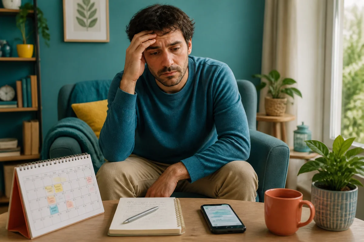 Personne fatiguée illustrant les signes d’épuisement psychique, entourée d’un carnet, calendrier, téléphone et tasse de thé.