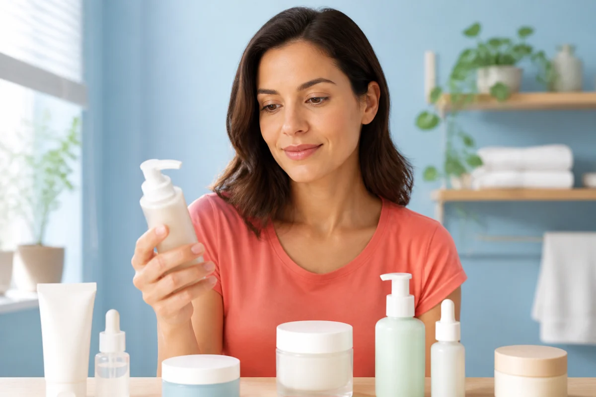 Femme présentant des soins du visage hydratants dans une salle de bain lumineuse aux teintes pastel