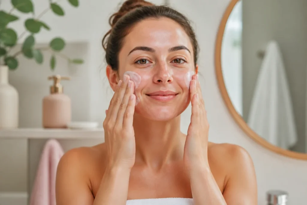 Personne appliquant des soins du visage hydratants sur une peau fraîchement nettoyée, dans une salle de bain lumineuse