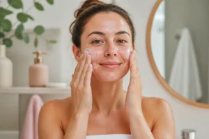 Personne appliquant des soins du visage hydratants sur une peau fraîchement nettoyée, dans une salle de bain lumineuse
