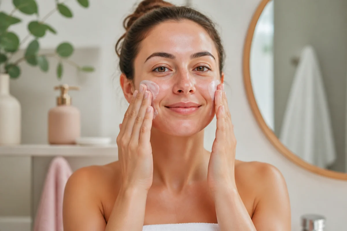 Personne appliquant des soins du visage hydratants sur une peau fraîchement nettoyée, dans une salle de bain lumineuse