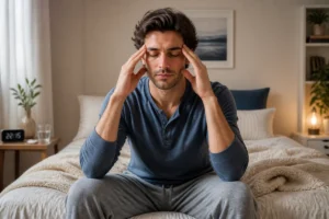 Adulte détendu massant ses tempes au bord du lit, illustrant le sommeil et la récupération nocturne