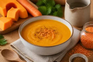 Bol de velouté de butternut, carotte et lentilles corail, une soupe légère pour le soir sur table en bois