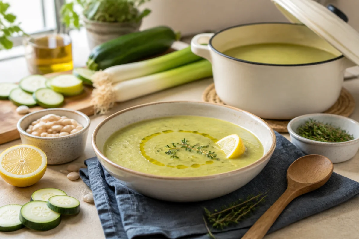 Bol de soupe légère pour le soir aux courgettes, poireaux et haricots blancs, garni de thym et citron