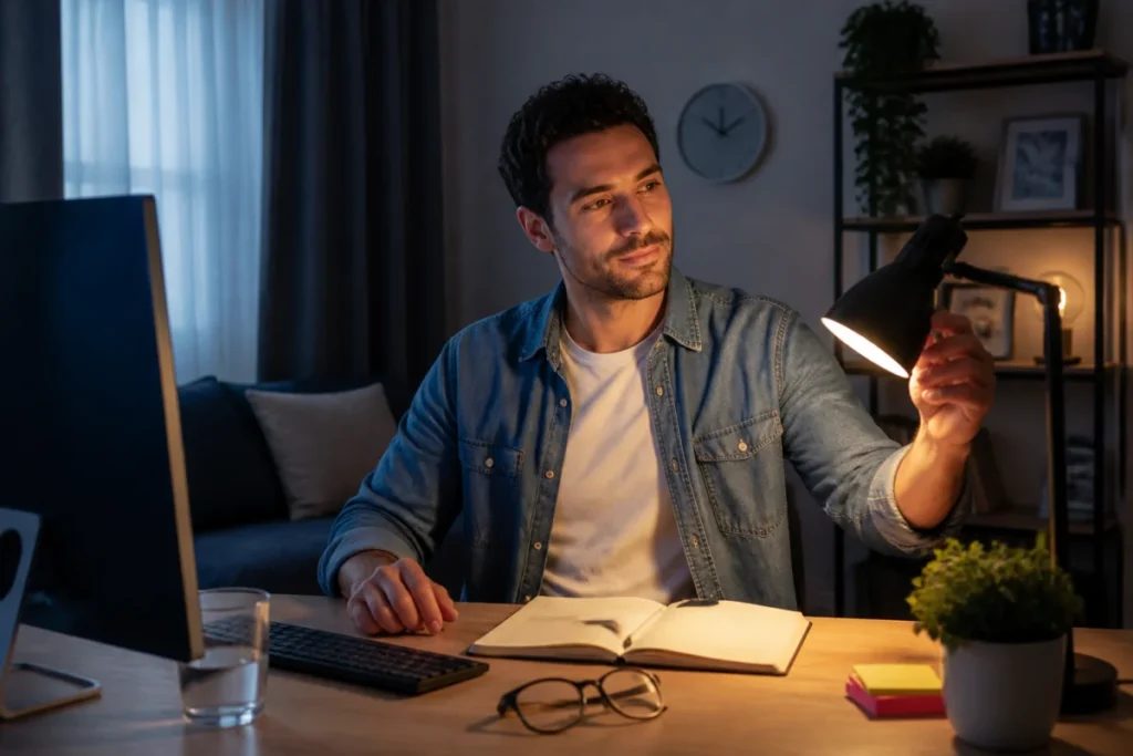 Travailleur de nuit ajustant une lampe douce devant son ordinateur, dans un bureau calme favorisant l’équilibre et la santé