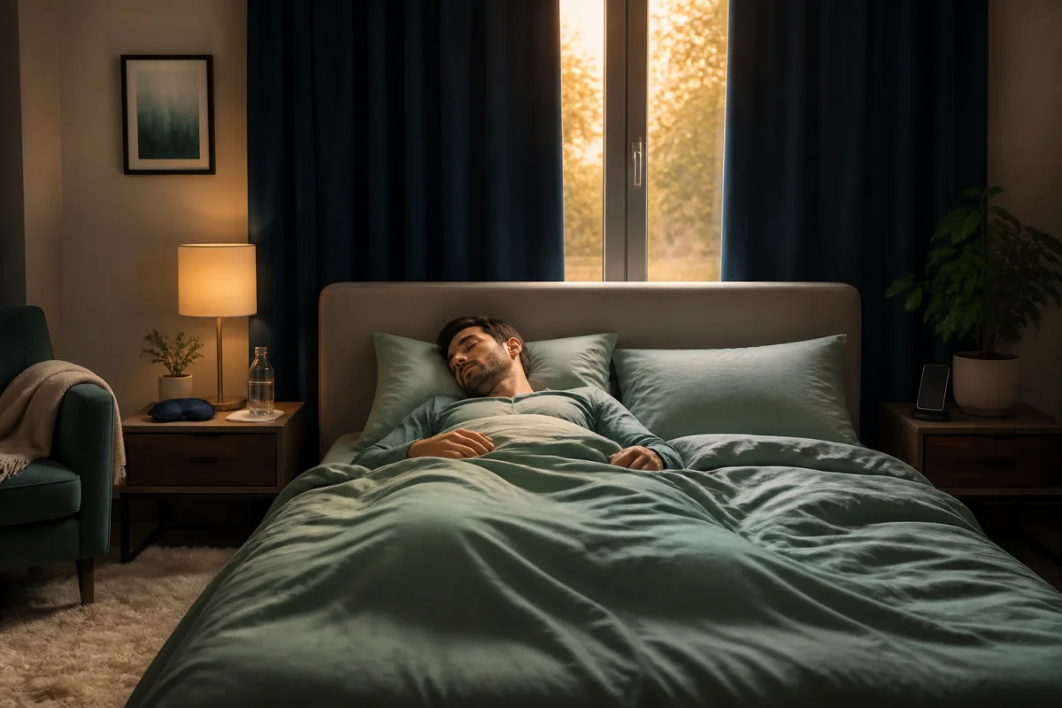 Travailleur de nuit dormant paisiblement dans une chambre occultée, illustrant l’équilibre entre travail de nuit et santé