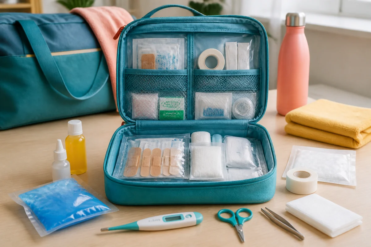 Trousse de voyage santé ouverte avec pansements, compresses, antiseptique, thermomètre et accessoires médicaux bien organisés