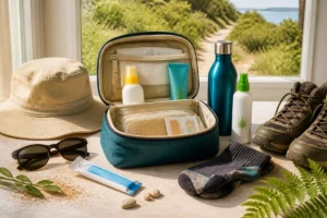 Trousse de voyage santé ouverte avec crème solaire, pansements, gourde et répulsif, prête pour une randonnée ensoleillée